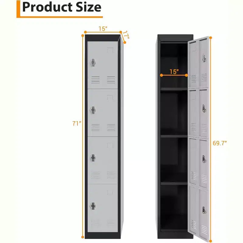 Armoire de rangement métallique 72" avec 4 portes, casiers pour employés et étudiants avec étagères, casier métallique en acier pour l'école, le bureau, la salle de sport, gris + noir
