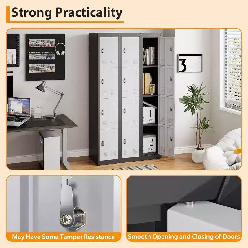 Armoire de rangement métallique 72" avec 4 portes, casiers pour employés et étudiants avec étagères, casier métallique en acier pour l'école, le bureau, la salle de sport, gris + noir