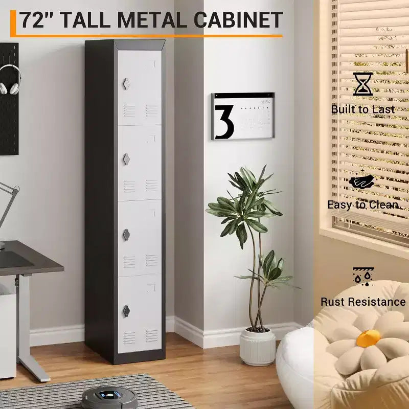 Armoire de rangement métallique 72" avec 4 portes, casiers pour employés et étudiants avec étagères, casier métallique en acier pour l'école, le bureau, la salle de sport, gris + noir
