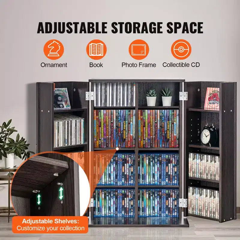Meuble de rangement multimédia VEVOR, armoire à DVD avec portes et étagères, rangement CD pouvant contenir jusqu'à 576 CD, étagère DVD réglable, marron