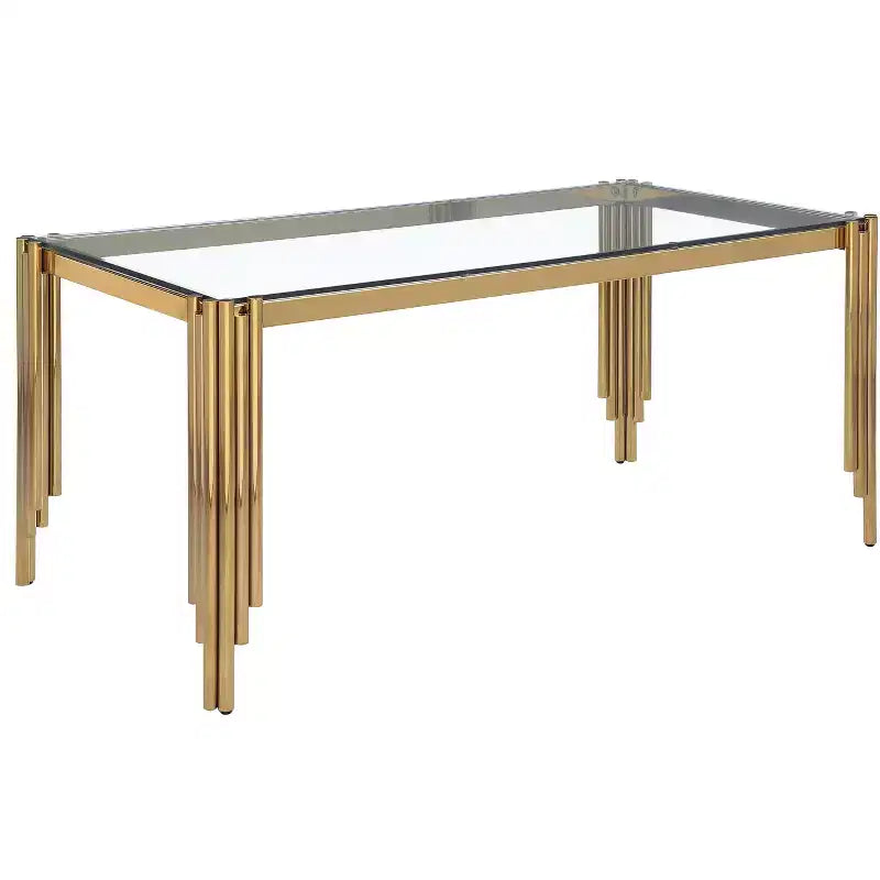 Okak Table à manger rectangulaire/ronde en verre trempé avec pieds dorés polis pour la maison, la cuisine, la salle à manger