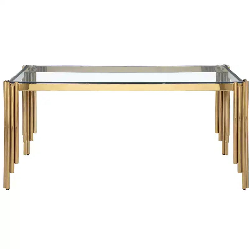 Okak Table à manger rectangulaire/ronde en verre trempé avec pieds dorés polis pour la maison, la cuisine, la salle à manger