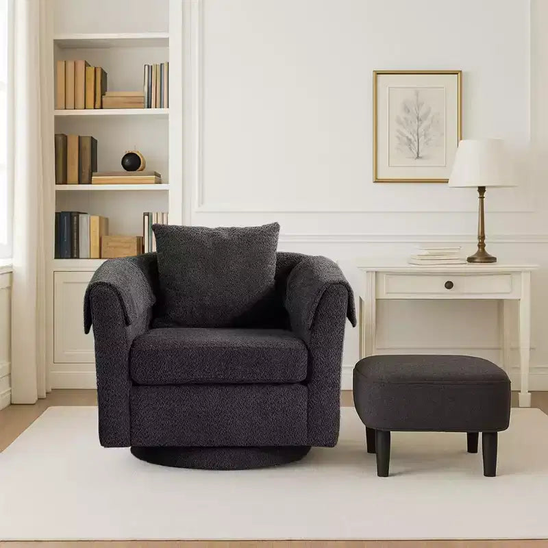 Fauteuil pivotant avec ottomane, fauteuil club moderne en chenille avec coussin de dossier et 2 housses d'accoudoirs pour salon, chambre, bureau