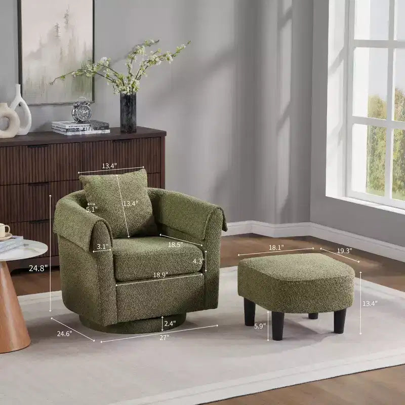 Fauteuil pivotant avec ottomane, fauteuil club moderne en chenille avec coussin de dossier et 2 housses d'accoudoirs pour salon, chambre, bureau