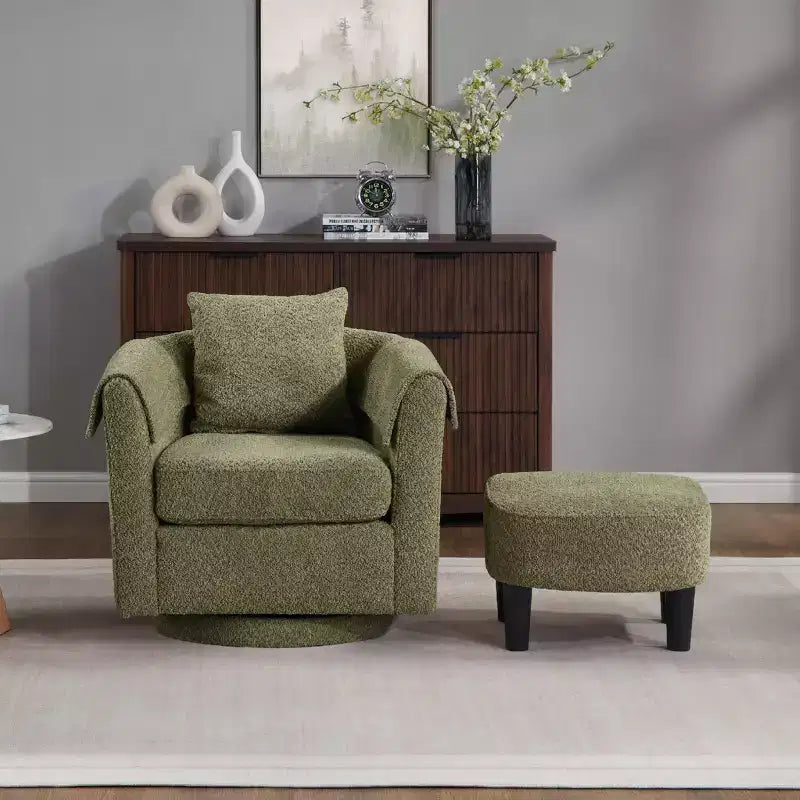 Fauteuil pivotant avec ottomane, fauteuil club moderne en chenille avec coussin de dossier et 2 housses d'accoudoirs pour salon, chambre, bureau