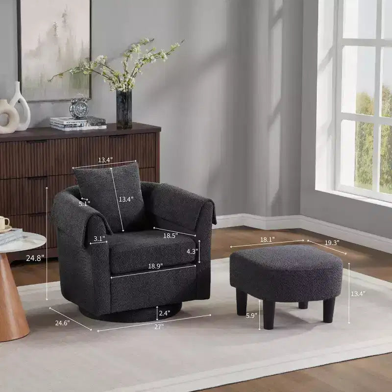 Fauteuil pivotant avec ottomane, fauteuil club moderne en chenille avec coussin de dossier et 2 housses d'accoudoirs pour salon, chambre, bureau