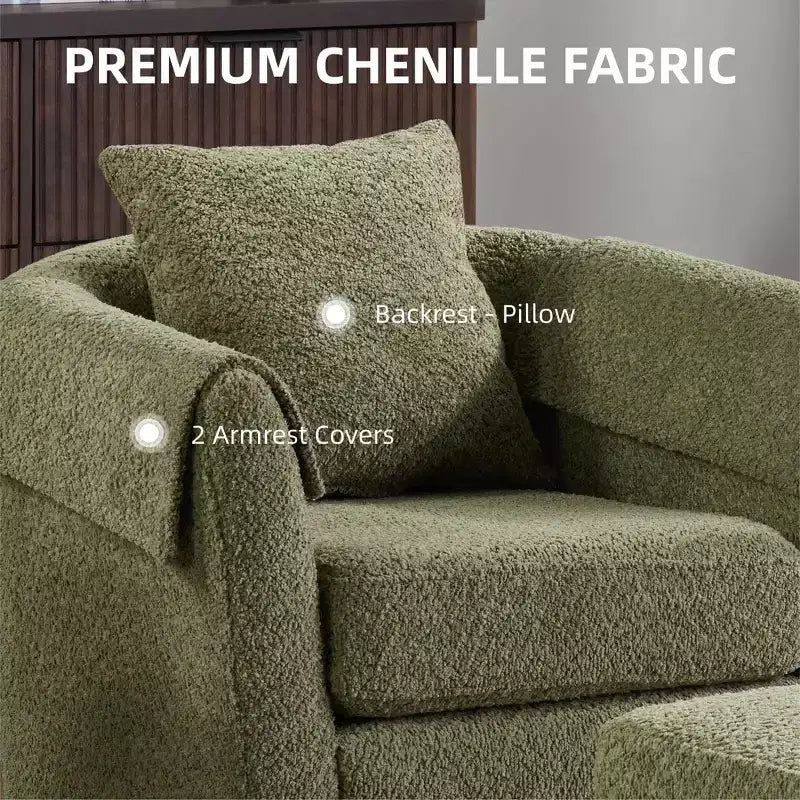 Fauteuil pivotant avec ottomane, fauteuil club moderne en chenille avec coussin de dossier et 2 housses d'accoudoirs pour salon, chambre, bureau