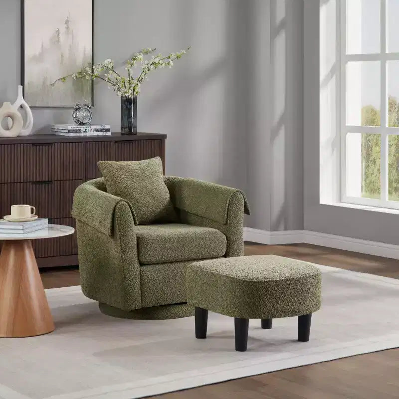 Fauteuil pivotant avec ottomane, fauteuil club moderne en chenille avec coussin de dossier et 2 housses d'accoudoirs pour salon, chambre, bureau
