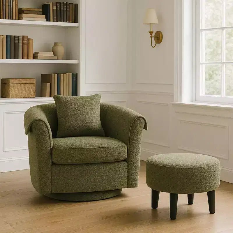 Fauteuil pivotant avec ottomane, fauteuil club moderne en chenille avec coussin de dossier et 2 housses d'accoudoirs pour salon, chambre, bureau