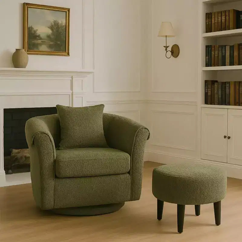 Fauteuil pivotant avec ottomane, fauteuil club moderne en chenille avec coussin de dossier et 2 housses d'accoudoirs pour salon, chambre, bureau