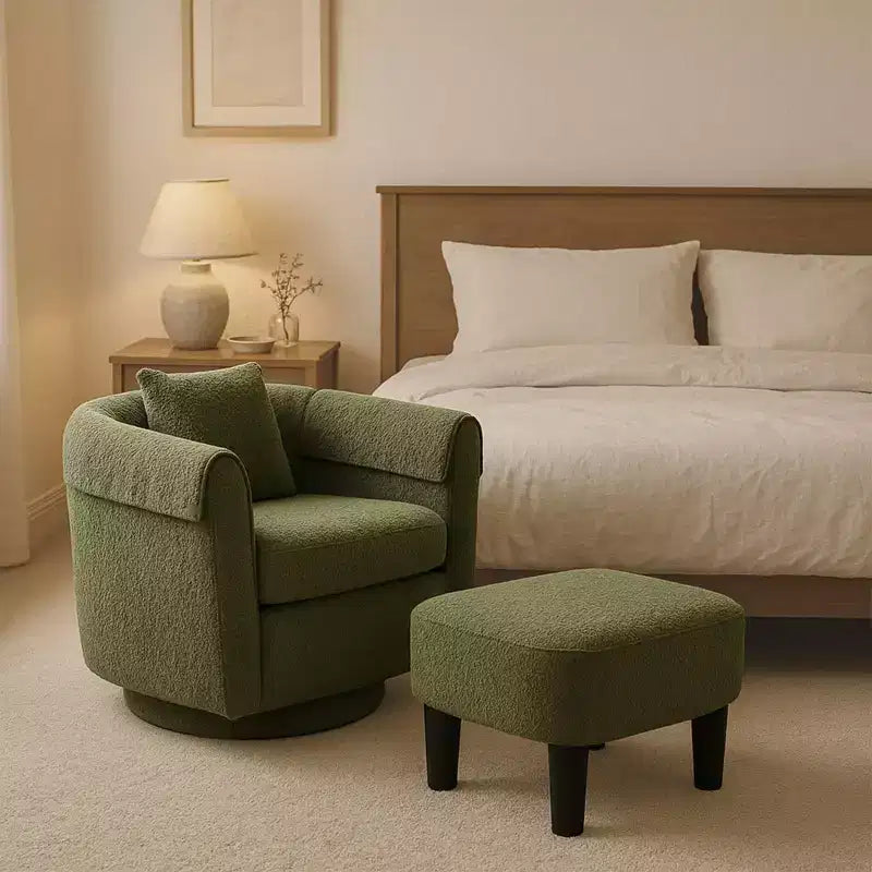 Fauteuil pivotant avec ottomane, fauteuil club moderne en chenille avec coussin de dossier et 2 housses d'accoudoirs pour salon, chambre, bureau