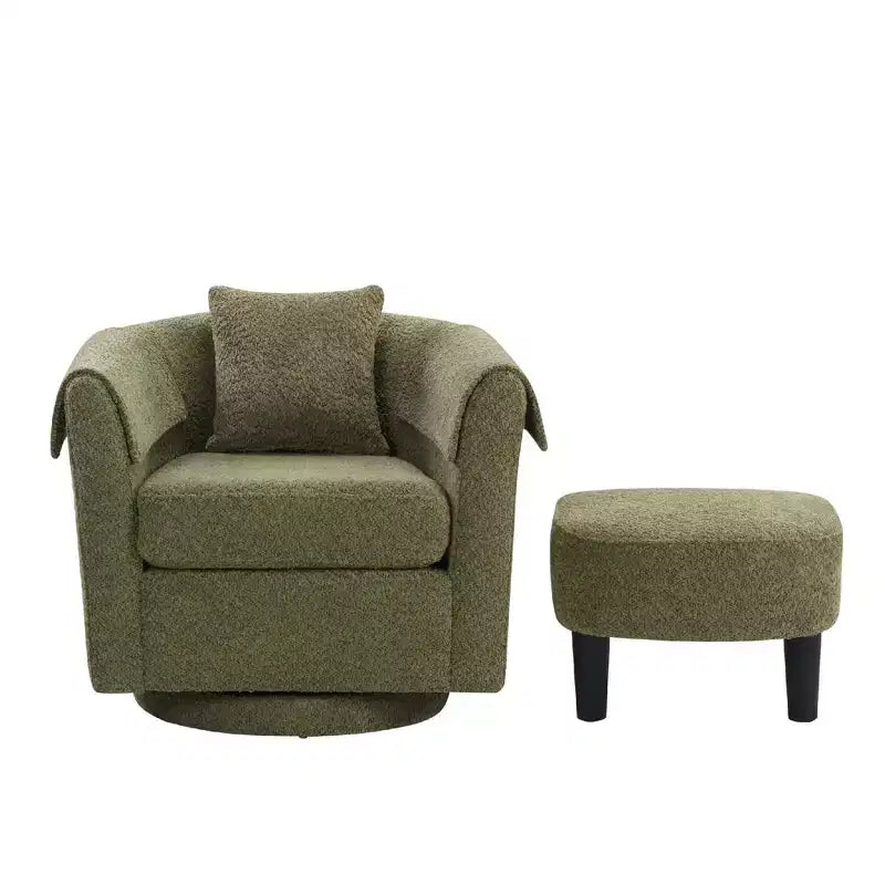 Fauteuil pivotant avec ottomane, fauteuil club moderne en chenille avec coussin de dossier et 2 housses d'accoudoirs pour salon, chambre, bureau