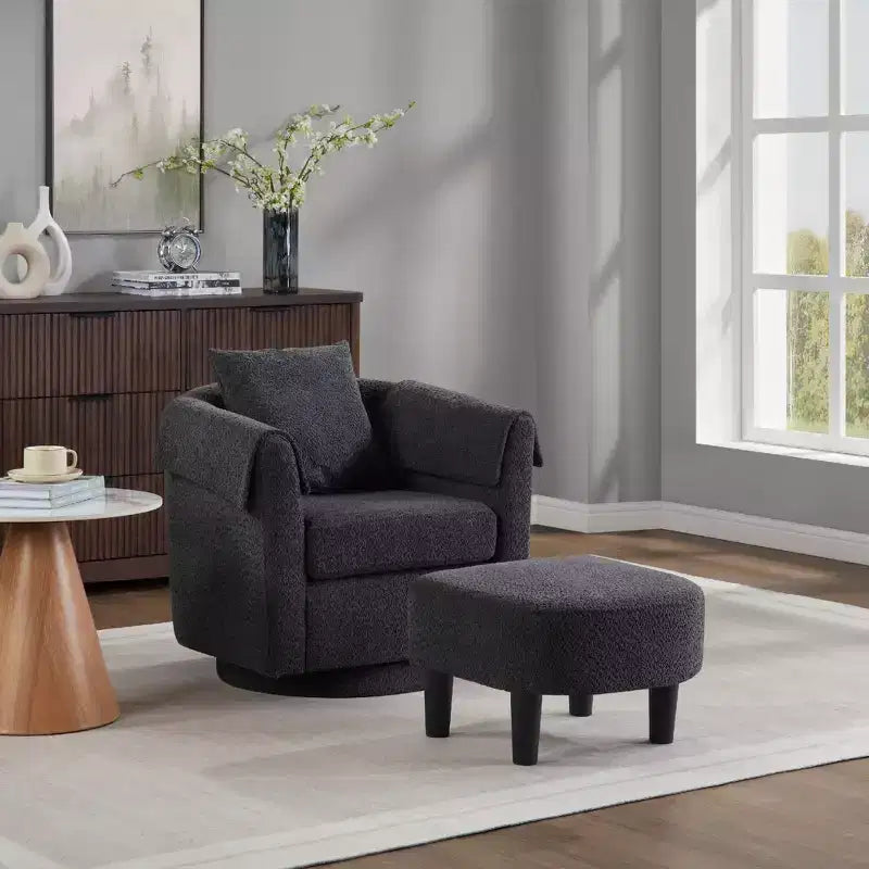 Fauteuil pivotant avec ottomane, fauteuil club moderne en chenille avec coussin de dossier et 2 housses d'accoudoirs pour salon, chambre, bureau