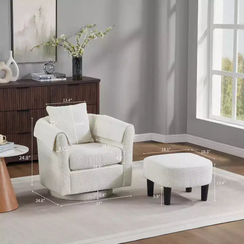 Fauteuil pivotant avec ottomane, fauteuil club moderne en chenille avec coussin de dossier et 2 housses d'accoudoirs pour salon, chambre, bureau