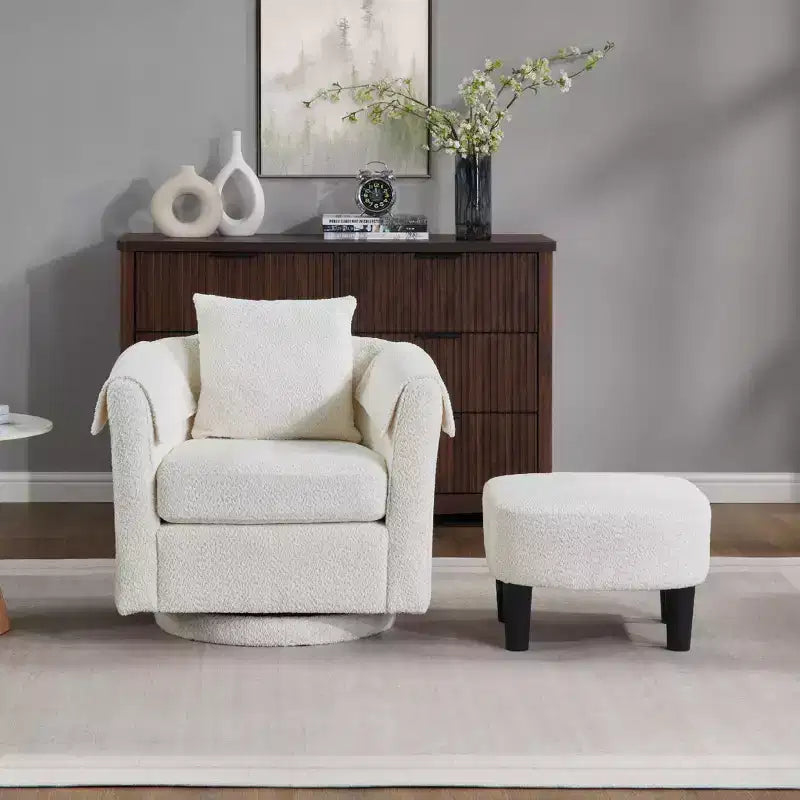 Fauteuil pivotant avec ottomane, fauteuil club moderne en chenille avec coussin de dossier et 2 housses d'accoudoirs pour salon, chambre, bureau