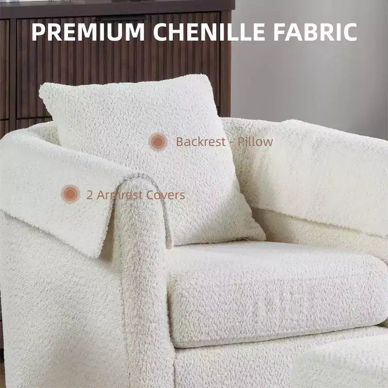 Fauteuil pivotant avec ottomane, fauteuil club moderne en chenille avec coussin de dossier et 2 housses d'accoudoirs pour salon, chambre, bureau