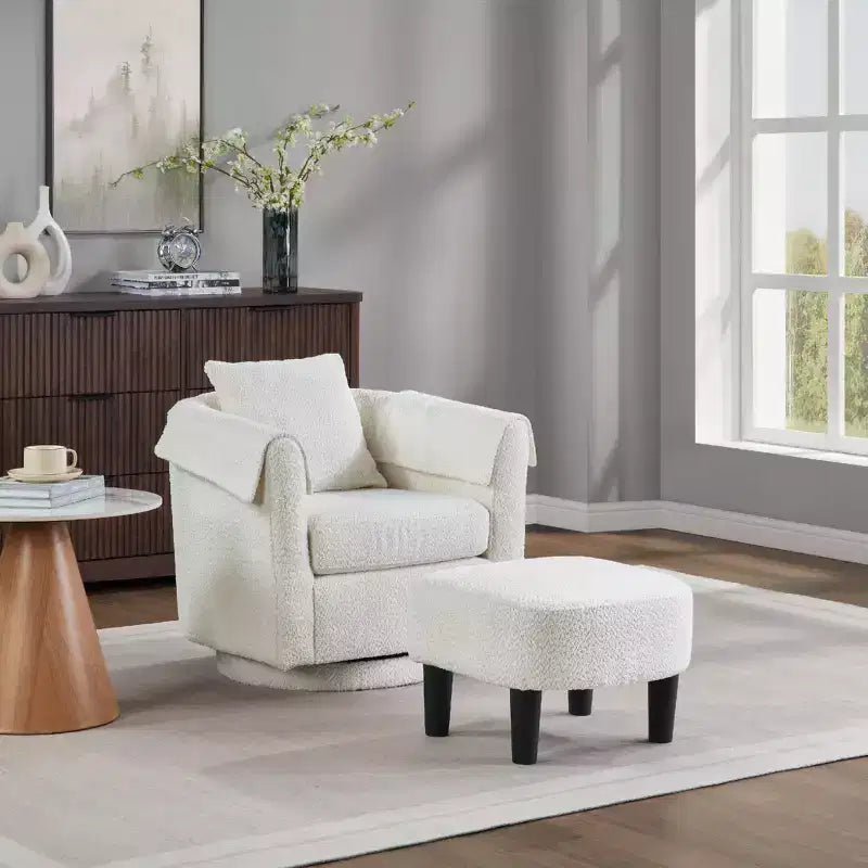 Fauteuil pivotant avec ottomane, fauteuil club moderne en chenille avec coussin de dossier et 2 housses d'accoudoirs pour salon, chambre, bureau