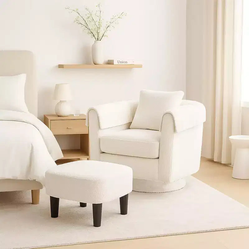 Fauteuil pivotant avec ottomane, fauteuil club moderne en chenille avec coussin de dossier et 2 housses d'accoudoirs pour salon, chambre, bureau