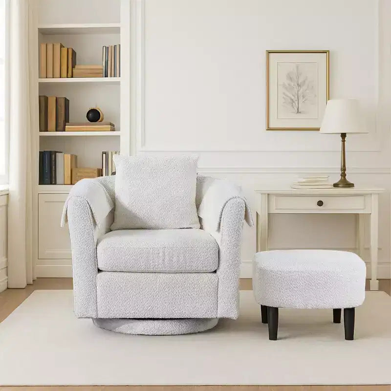 Fauteuil pivotant avec ottomane, fauteuil club moderne en chenille avec coussin de dossier et 2 housses d'accoudoirs pour salon, chambre, bureau