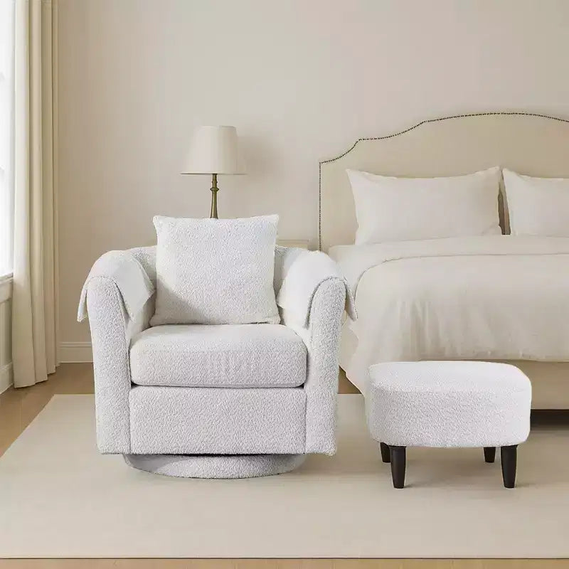 Fauteuil pivotant avec ottomane, fauteuil club moderne en chenille avec coussin de dossier et 2 housses d'accoudoirs pour salon, chambre, bureau
