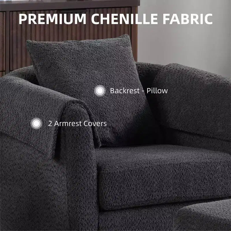 Fauteuil pivotant avec ottomane, fauteuil club moderne en chenille avec coussin de dossier et 2 housses d'accoudoirs pour salon, chambre, bureau
