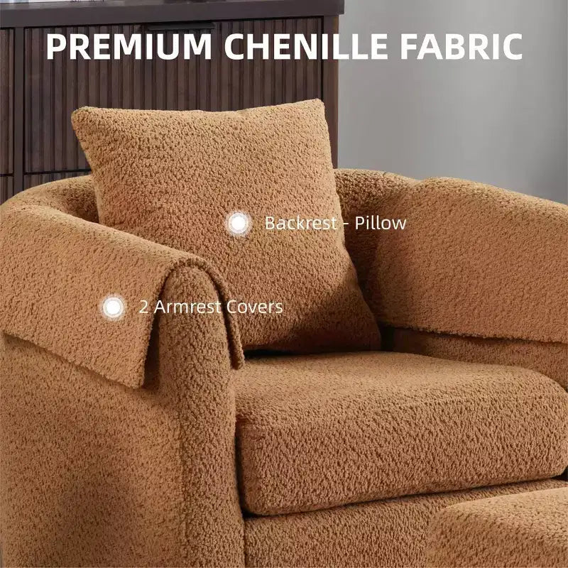 Fauteuil pivotant avec ottomane, fauteuil club moderne en chenille avec coussin de dossier et 2 housses d'accoudoirs pour salon, chambre, bureau