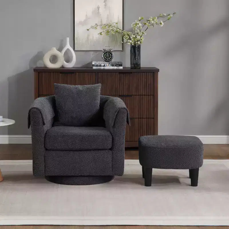 Fauteuil pivotant avec ottomane, fauteuil club moderne en chenille avec coussin de dossier et 2 housses d'accoudoirs pour salon, chambre, bureau