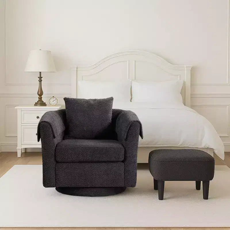Fauteuil pivotant avec ottomane, fauteuil club moderne en chenille avec coussin de dossier et 2 housses d'accoudoirs pour salon, chambre, bureau