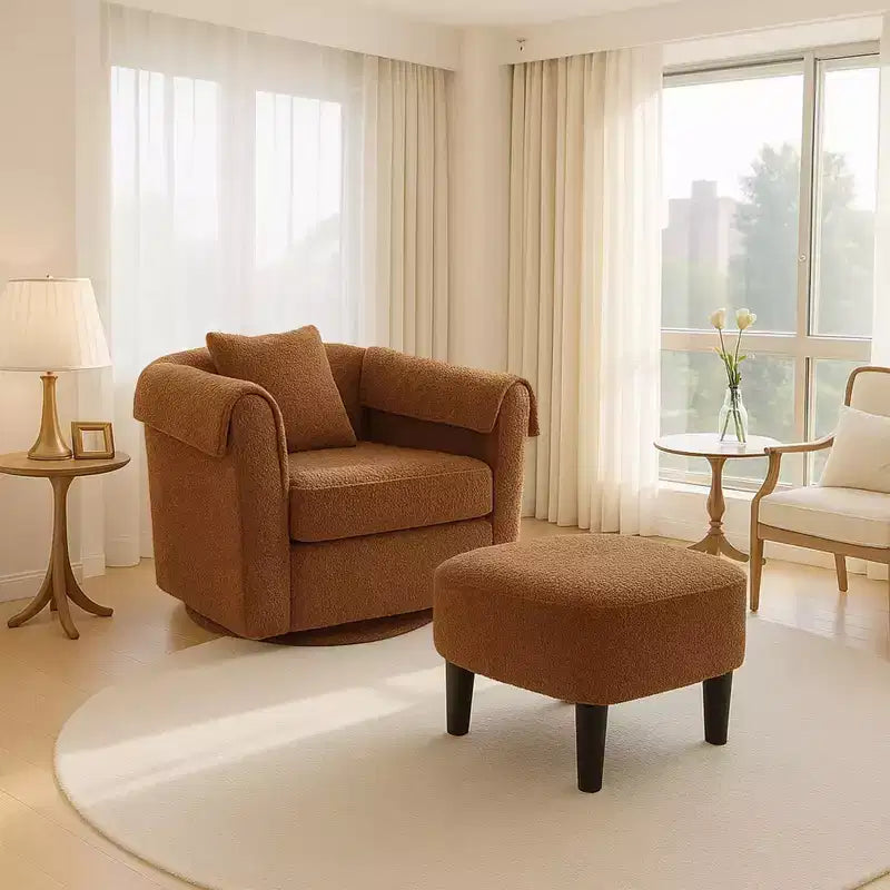 Fauteuil pivotant avec ottomane, fauteuil club moderne en chenille avec coussin de dossier et 2 housses d'accoudoirs pour salon, chambre, bureau