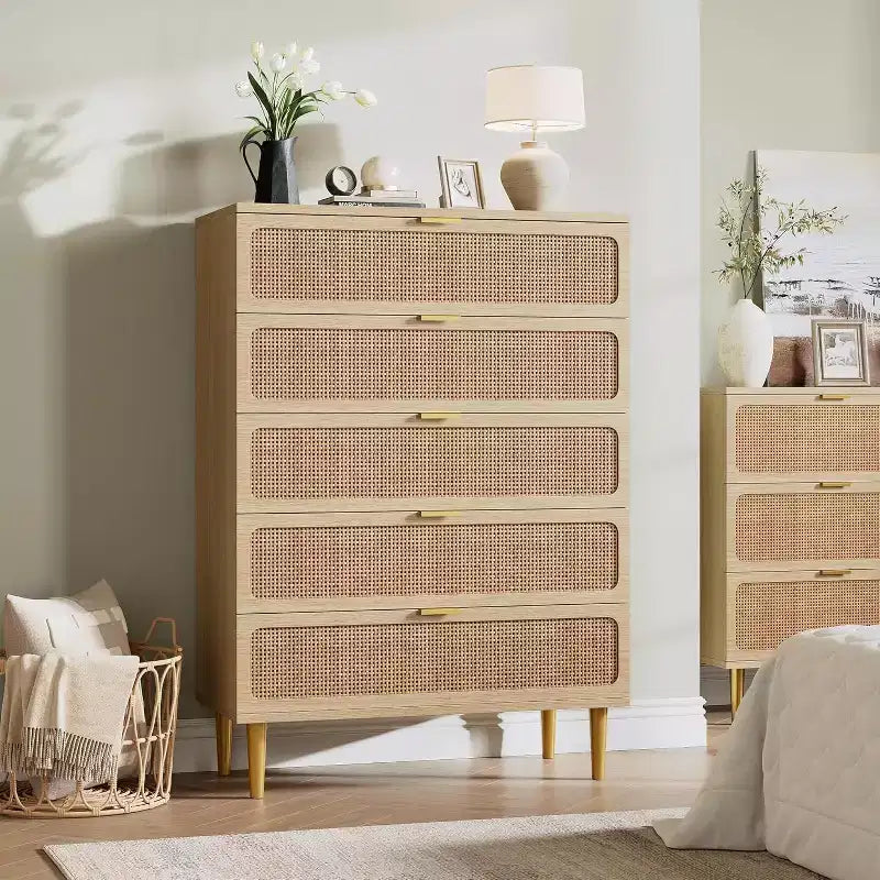 Commode haute en rotin à 5 tiroirs avec plateau large, commode de rangement profonde pour chambre à coucher, salon, placard, finition bois naturel