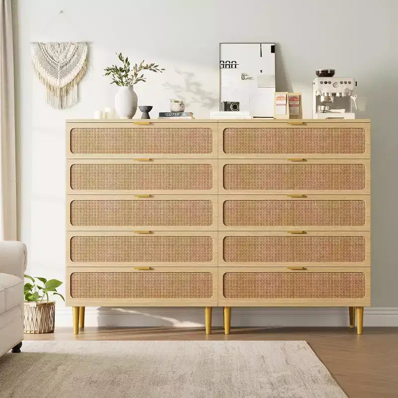 Commode haute en rotin à 5 tiroirs avec plateau large, commode de rangement profonde pour chambre à coucher, salon, placard, finition bois naturel