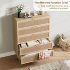 Commode haute en rotin à 5 tiroirs avec plateau large, commode de rangement profonde pour chambre à coucher, salon, placard, finition bois naturel