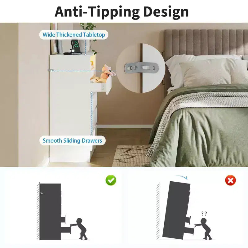 Commode moderne à 4 tiroirs avec lumière LED et station de charge, commode de rangement blanche avec prise de courant, commode double d'appoint