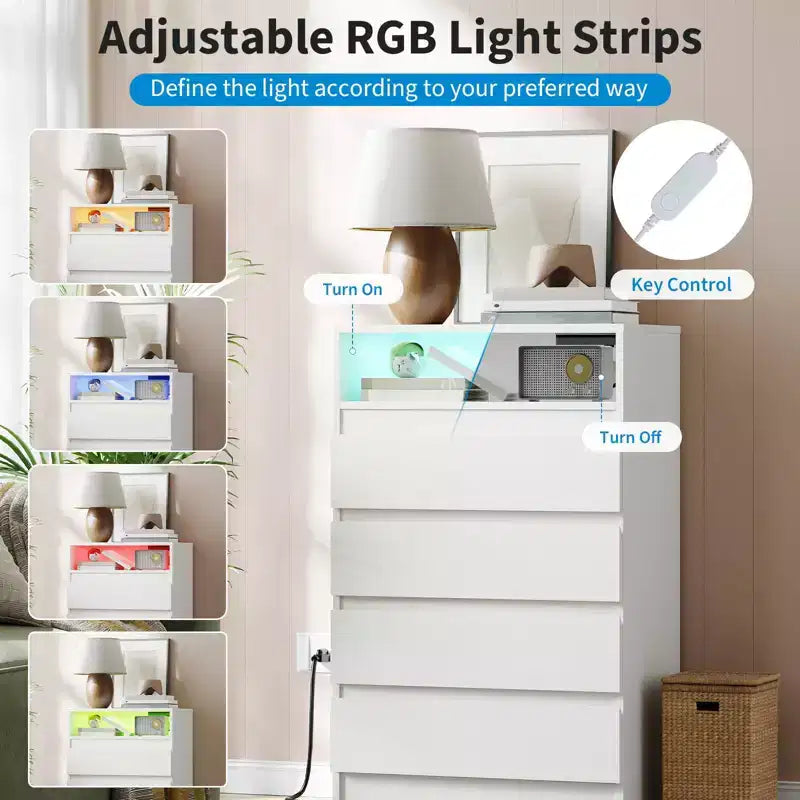 Commode moderne à 4 tiroirs avec lumière LED et station de charge, commode de rangement blanche avec prise de courant, commode double d'appoint