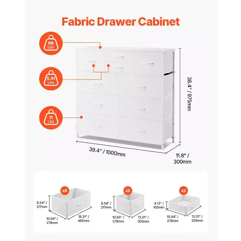 Commode 10 tiroirs VEVOR, commode à tiroirs en tissu avec bacs en tissu, tiroirs de rangement pour placard avec poignée facile à tirer et cadre en acier robuste, blanc