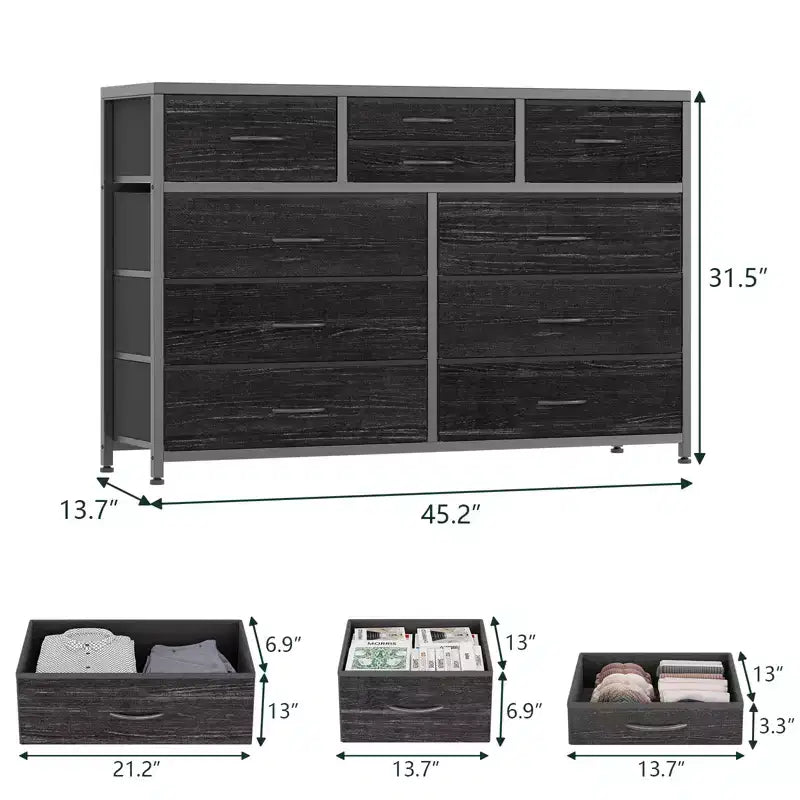 Commode en tissu à 10 tiroirs - Rangement léger avec cadre en acier et plateau en bois, organisateur multifonctionnel