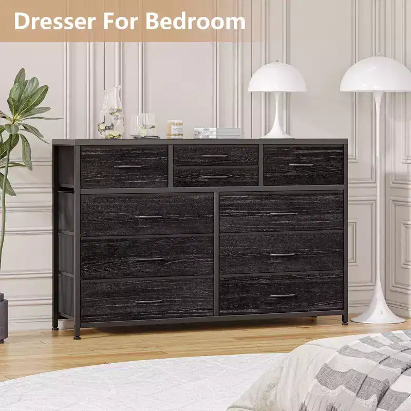 Commode en tissu à 10 tiroirs - Rangement léger avec cadre en acier et plateau en bois, organisateur multifonctionnel