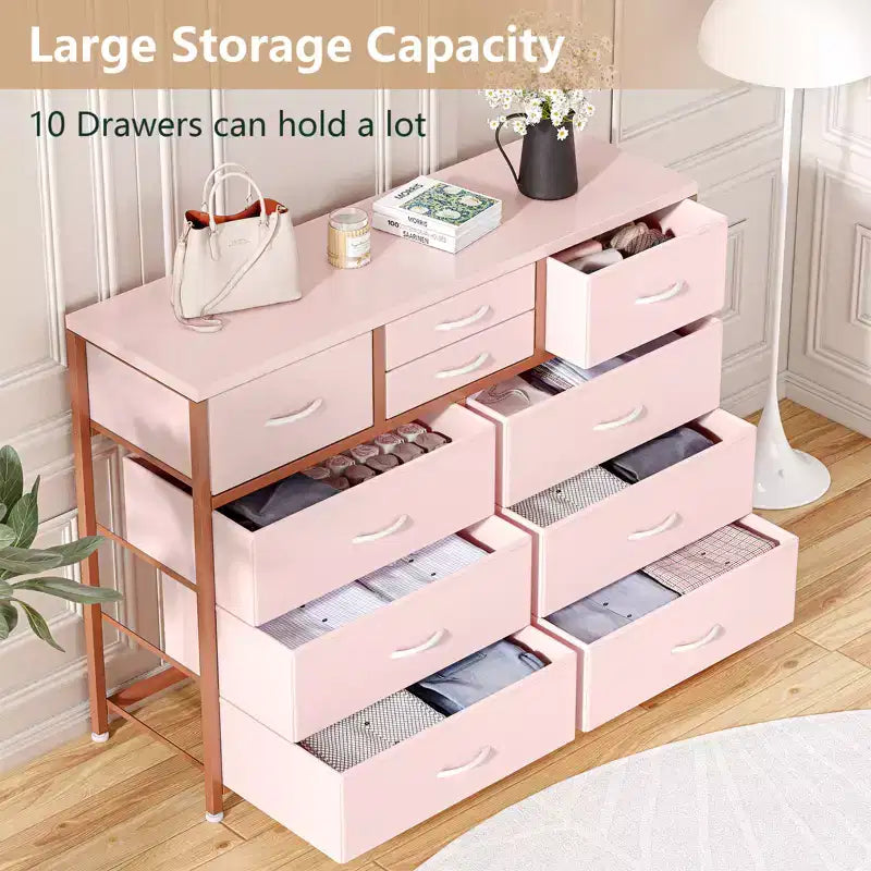 Commode en tissu à 10 tiroirs - Rangement léger avec cadre en acier et plateau en bois, organisateur multifonctionnel