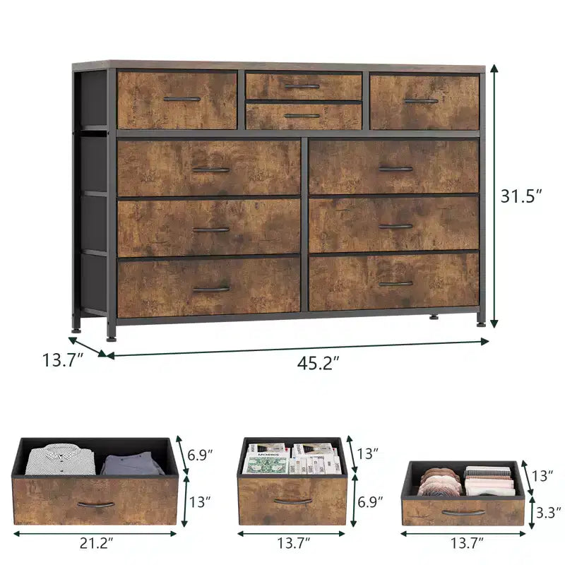 Commode en tissu à 10 tiroirs - Rangement léger avec cadre en acier et plateau en bois, organisateur multifonctionnel