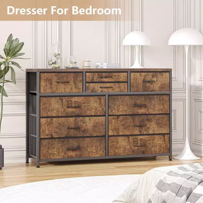 Commode en tissu à 10 tiroirs - Rangement léger avec cadre en acier et plateau en bois, organisateur multifonctionnel