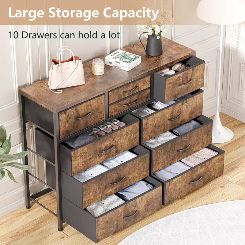 Commode en tissu à 10 tiroirs - Rangement léger avec cadre en acier et plateau en bois, organisateur multifonctionnel