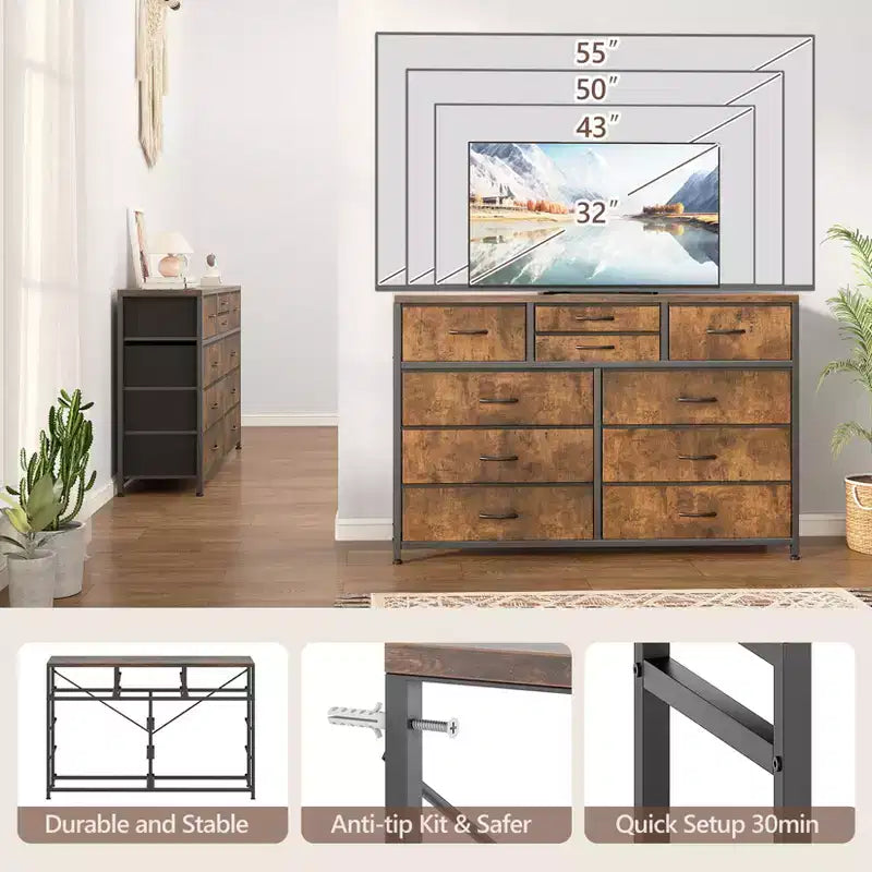 Commode en tissu à 10 tiroirs - Rangement léger avec cadre en acier et plateau en bois, organisateur multifonctionnel