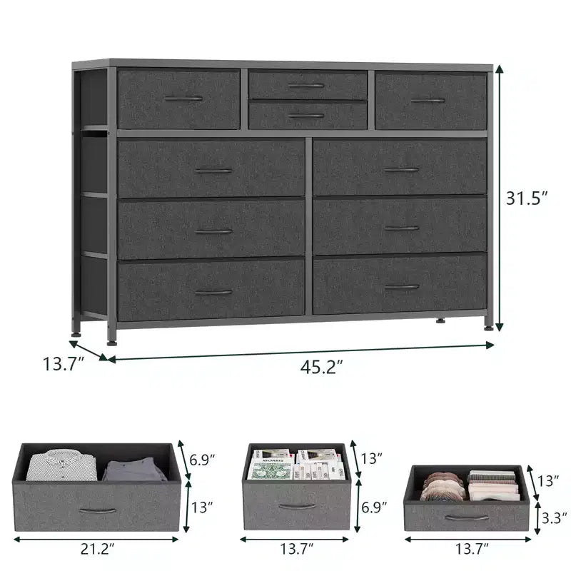 Commode en tissu à 10 tiroirs - Rangement léger avec cadre en acier et plateau en bois, organisateur multifonctionnel