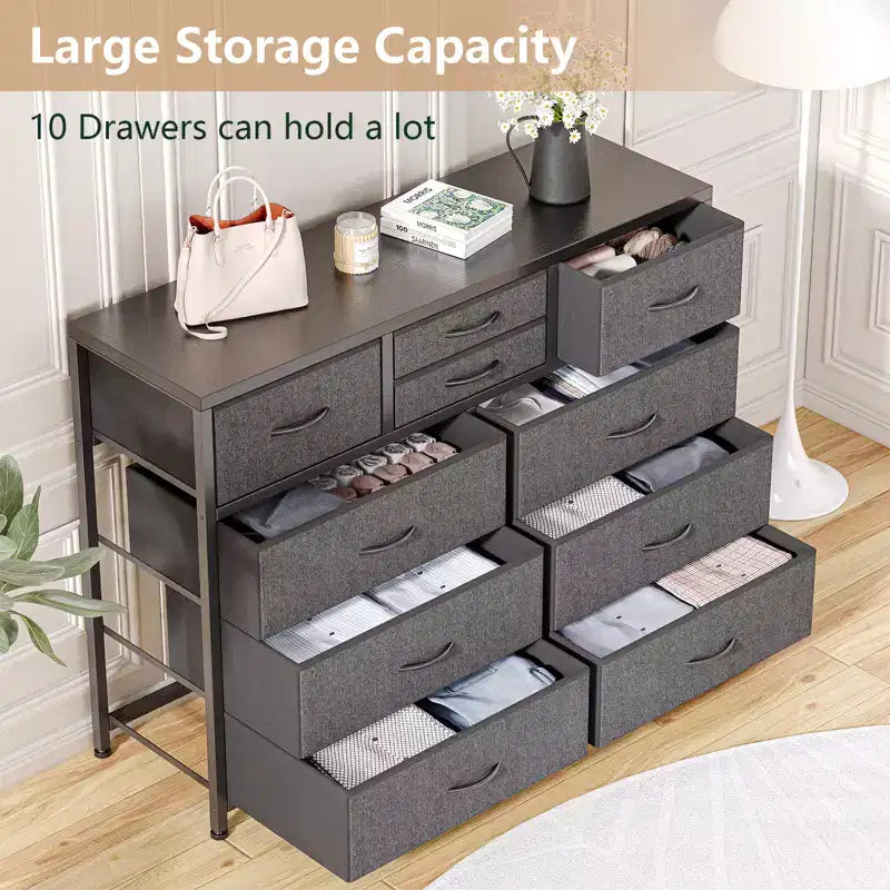 Commode en tissu à 10 tiroirs - Rangement léger avec cadre en acier et plateau en bois, organisateur multifonctionnel