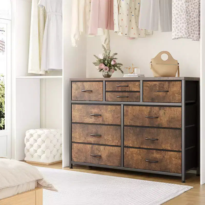 Commode en tissu à 10 tiroirs - Rangement léger avec cadre en acier et plateau en bois, organisateur multifonctionnel