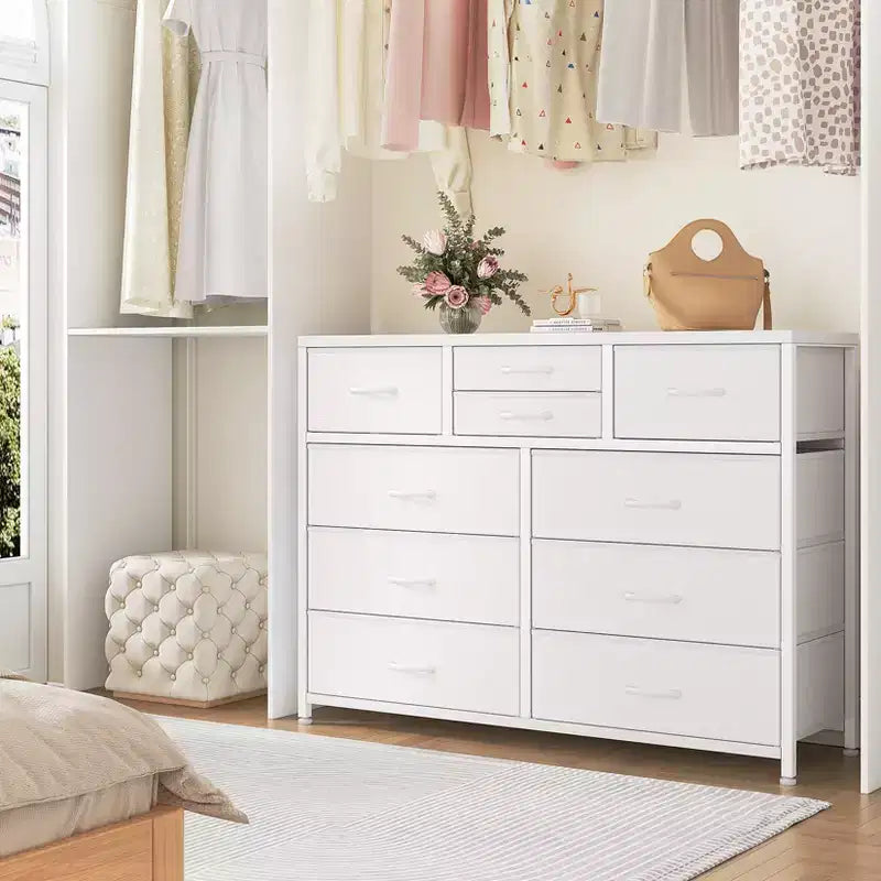 Commode en tissu à 10 tiroirs - Rangement léger avec cadre en acier et plateau en bois, organisateur multifonctionnel
