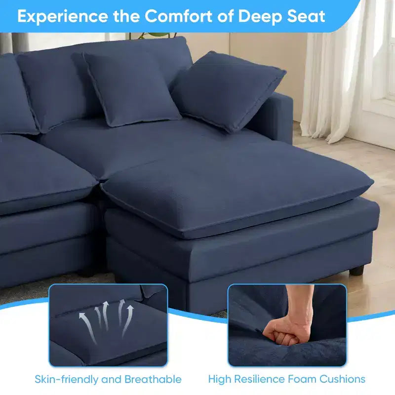 Canapé d'angle modulable en forme de L de 113 po Mjkone, canapé nuage moderne en chenille 4 places avec pouf et coussin épaissi