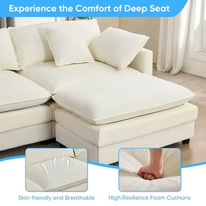 Canapé d'angle modulable en forme de L de 113 po Mjkone, canapé nuage moderne en chenille 4 places avec pouf et coussin épaissi