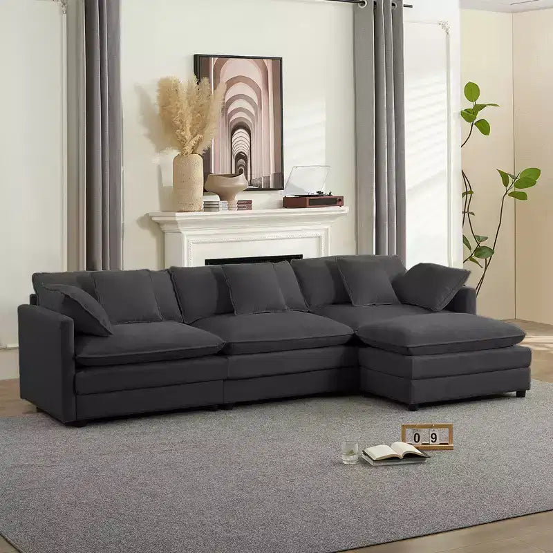 Canapé d'angle modulable en forme de L de 113 po Mjkone, canapé nuage moderne en chenille 4 places avec pouf et coussin épaissi