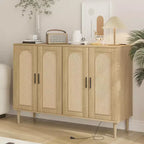 Buffet en rotin avec prise électrique – Meuble de rangement bohème à 4 portes pour salle à manger et salon